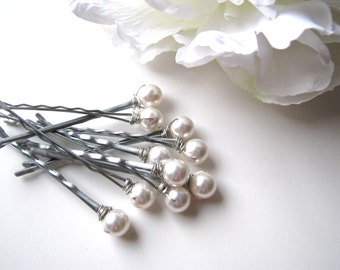 White Hair Pin Pearl Set of 10, 8mm Swarovski