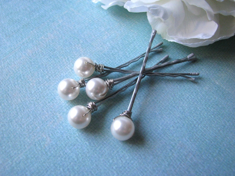 Wedding White Pearl Hair Pin Set Swarovski image 1
