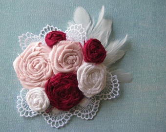 Pink Brooch Pin Clustered Roses Lace and Feathers