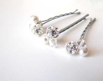 Bridal Hair Pins White Crystal Rhinestone Pearl Clusters, Set of 3