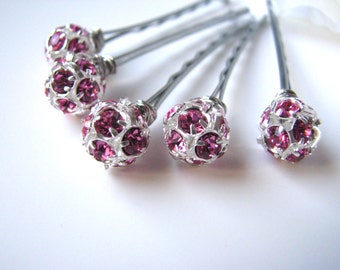 Rose Pink Rhinestone and Silver Wedding Hair Pins