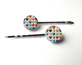 Tiny Hearts Bobby Pins or Snap Hair Clip Barrettes, Colorful