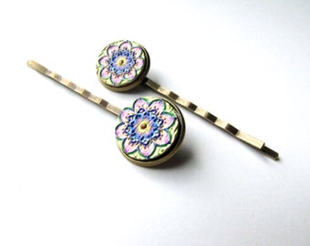 Flower Mandala Bobby Pins or Snap Hair Clip Barrettes, Kaleidoscope