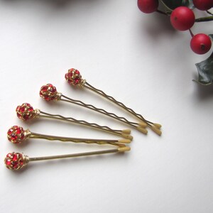 Red and Gold Hair Pins, Rhinestone Crystal Christmas Bobby Pins image 2