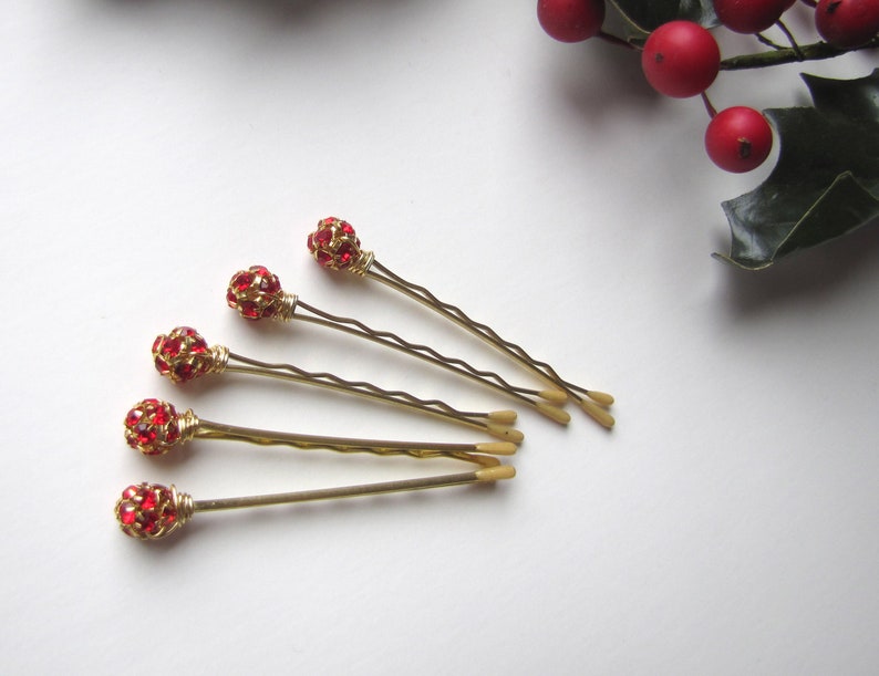 Red and Gold Hair Pins, Rhinestone Crystal Christmas Bobby Pins image 2