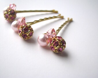 Pink and Gold Hair Pins, Swarovski Crystal and Pearl Clusters, Wedding Bobby Pins