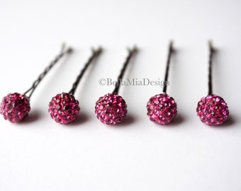 Dark Raspberry Pink Bobby Hair Pins, Fuchsia Rhinestone Paver Round Bead Pins