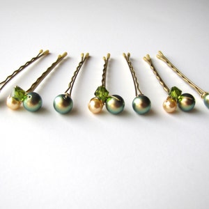 Green Hair Pins Clusters, Large Set Swarovski Iridescent Green Shimmer Pearl