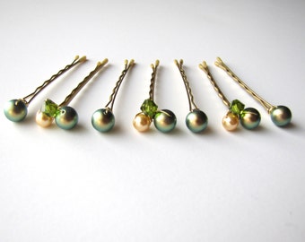 Green Hair Pins Clusters, Large Set Swarovski Iridescent Green Shimmer Pearl