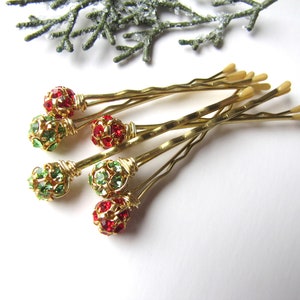 Red and Green Hair Pins, Crystal and gold tone, Christmas Bobby Pin, Holiday Sparkle image 3