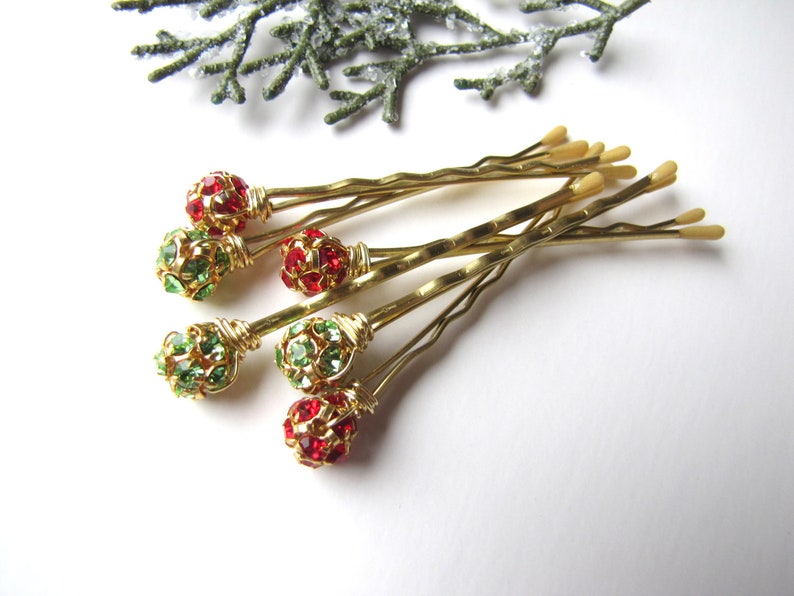 Red and Green Hair Pins, Crystal and gold tone, Christmas Bobby Pin, Holiday Sparkle image 3