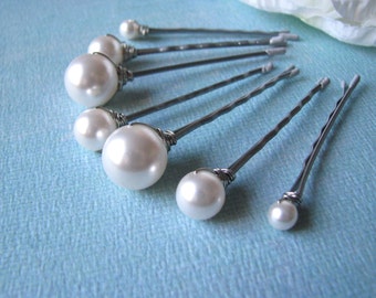 White Pearl Hair Pin Set of 7 in Mixed Sizes