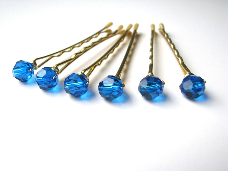 Blue Swarovski Bobby Pins Crystal Set of 6, Capri Mykonos blue image 3