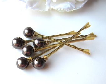 Dark Brown Hair Pin Pearls, 10mm Swarovski Espresso