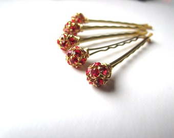 Red and Gold Hair Pins, Rhinestone Crystal Christmas Bobby Pins