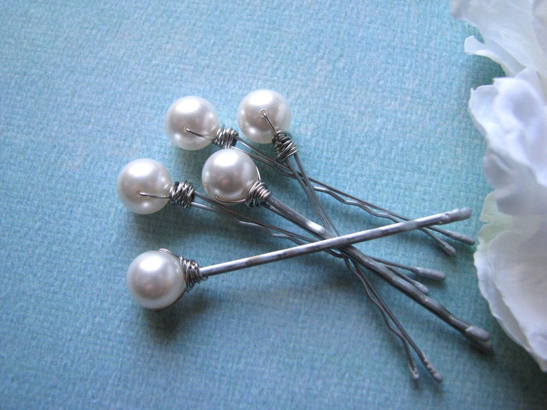 Wedding White Pearl Hair Pin Set Swarovski image 2