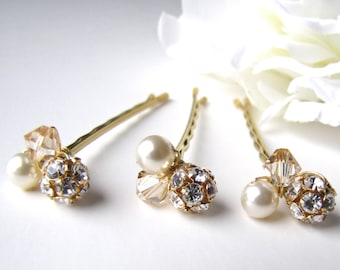 Bridal Hair Pins Cream Ivory Crystal Pearl Clusters, Set of 3