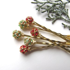 Red and Green Hair Pins, Crystal and gold tone, Christmas Bobby Pin, Holiday Sparkle image 2