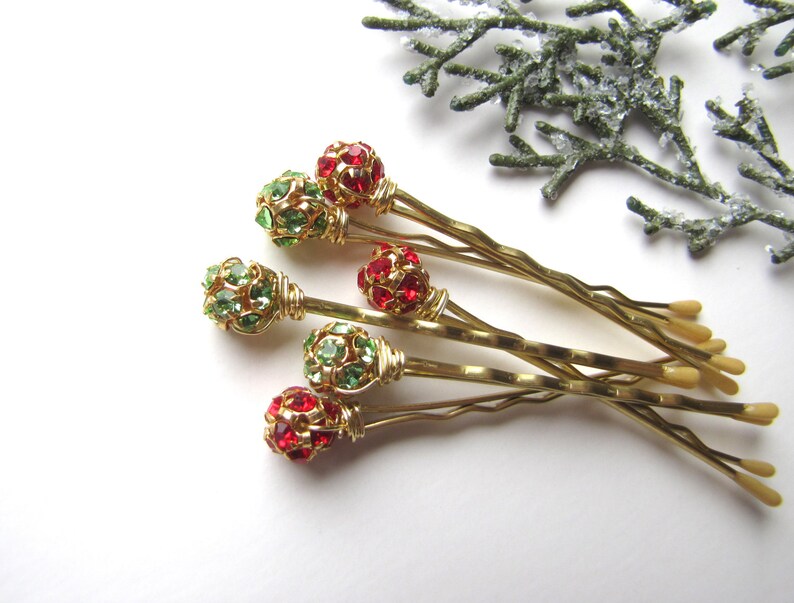 Red and Green Hair Pins, Crystal and gold tone, Christmas Bobby Pin, Holiday Sparkle image 2