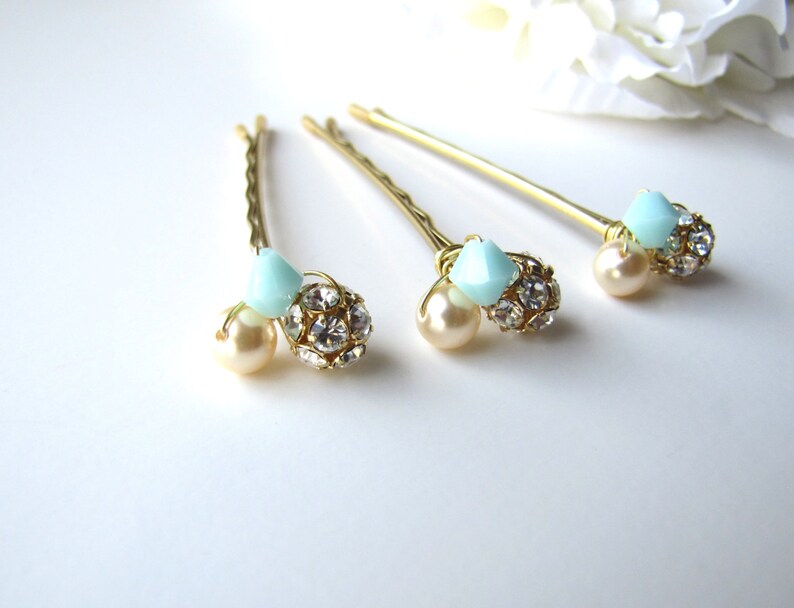 Mint and Gold Hair Pins, Mint Green Wedding, Glitz and Shimmer image 3