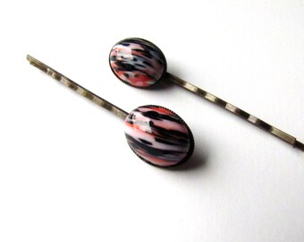 Vintage Glass Bobby Pins, Orange Black and White Stripes