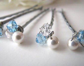 Bridal Hair Pin Clusters Crystal and Pearl White and Blue