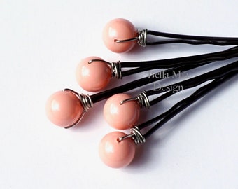 Pink Coral Pearl Bobby Pins, Wedding Hair Pin Set