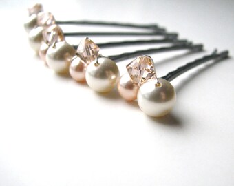 Wedding Hair Pins, Peach and Cream Crystal and Pearl Clusters, Fairy Tale Wedding