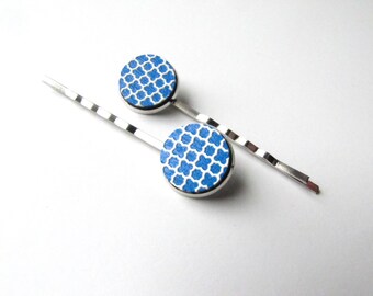 Bright Blue and White Bobby Pins with Moroccan Lattice Pattern