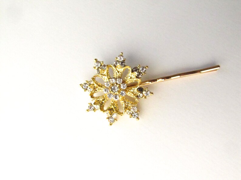 Gold Snowflake Wedding Hair Pin, Rhinestones Crystal Christmas Bobby Pin image 5