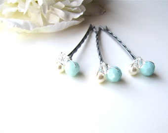 Mint Green and Ivory Hair Pins, Pearl and Swarovski Crystal
