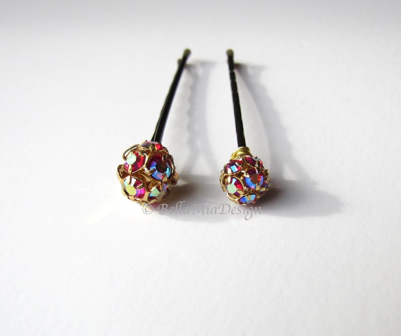 Red and Gold Crystal Hair Pins, AB Aurora Borealis 10mm or 8mm image 4