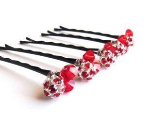 Hair Pins Red Rhinestone Clusters, Christmas Wedding Bobby Pins, Silver or Gold tones