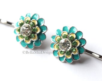 Aqua Flower and Rhinestone Enameled Metal Bobby Pins Set of 2, Light Teal Flower Hair Pins