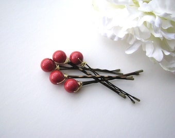 Red Coral Hair Pins, Bridesmaid Hairpin Set