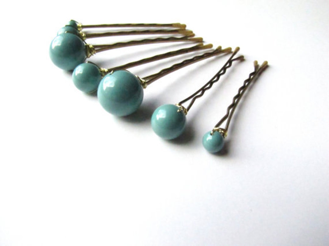 Jade Hair Pin Pearls, Mixed Sizes Modern Wedding Hairpins, Jade Green