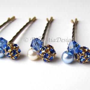Sapphire Blue Hair Pins, Crystal Rhinestone and Pearl Cluster Bobby Pins, Something Blue Wedding