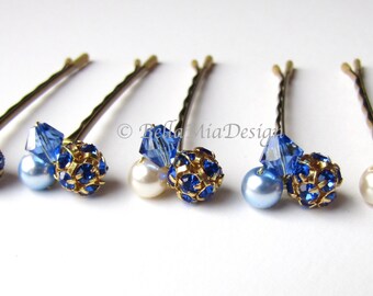 Sapphire Blue Hair Pins, Crystal Rhinestone and Pearl Cluster Bobby Pins, Something Blue Wedding