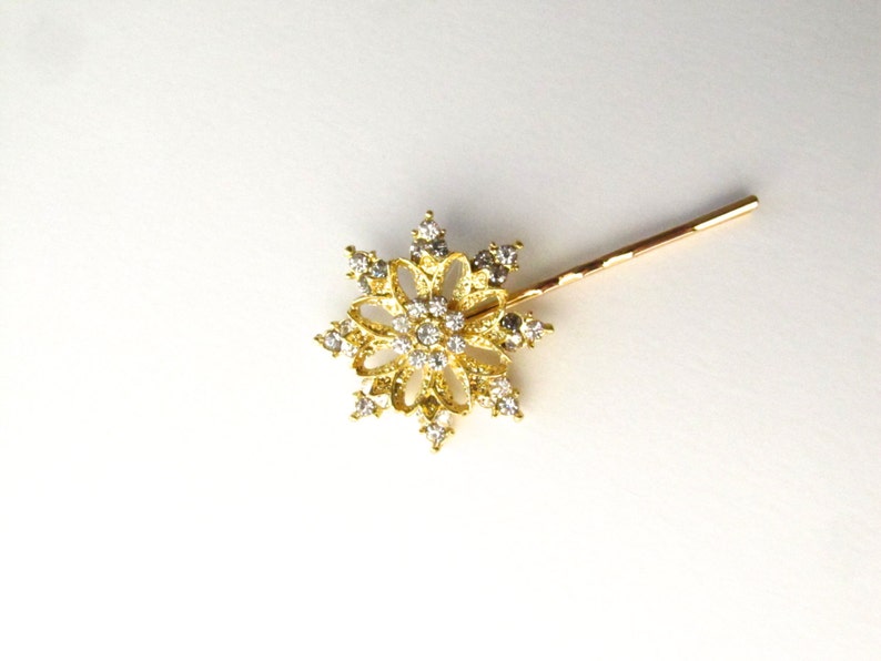 Gold Snowflake Wedding Hair Pin, Rhinestones Crystal Christmas Bobby Pin image 4