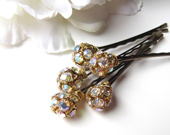 AB and Gold Bridal Hair Pins, Aurora Borealis Crystal with Gold Tone, 8mm or 10mm