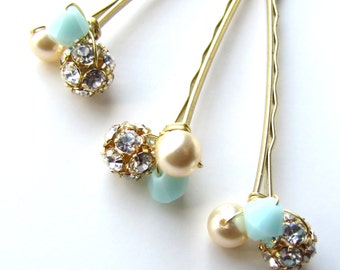 Mint and Gold Hair Pins, Mint Green Wedding, Glitz and Shimmer