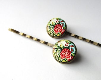 Rose Floral Bobby Pins, Pink Blue and Green Flower Hair Clips