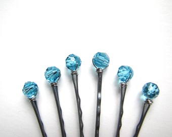 Light Turquoise Blue Hair Pins Swarovski Crystal Set of 6 Bobby Pins