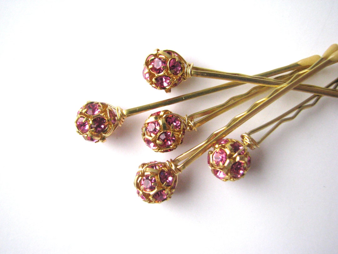 Pink Crystal Rhinestone Hair Pin Set, Wedding Bobby Pins - Etsy