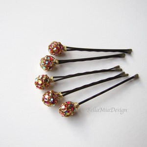 Red and Gold Crystal Hair Pins, AB Aurora Borealis 10mm or 8mm image 3