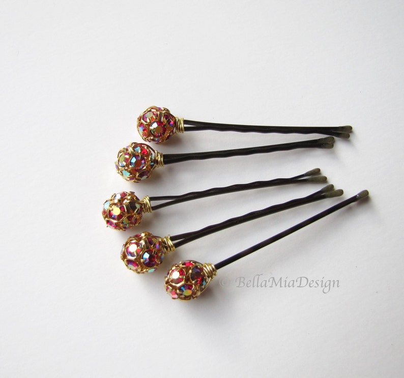 Red and Gold Crystal Hair Pins, AB Aurora Borealis 10mm or 8mm image 3