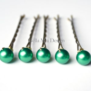 Green Hair Pins Set Swarovski Pearls 8mm, Eden Green, Light Emerald Bobby Pins, Wedding