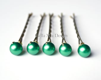 Green Hair Pins Set Swarovski Pearls 8mm, Eden Green, Light Emerald Bobby Pins, Wedding