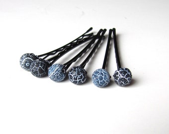 Black and Midnight Blue Bobby Hair Pins Crackled Agate