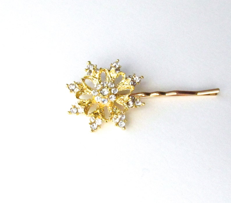Gold Snowflake Wedding Hair Pin, Rhinestones Crystal Christmas Bobby Pin image 1